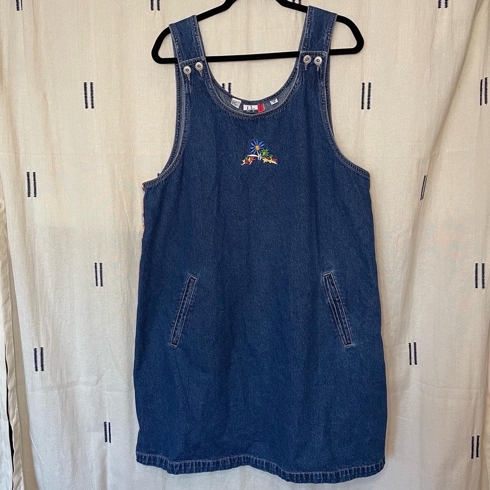 J.L. N.Y. Vintage Jean Overall dress with Floral Embroidery and Pockets